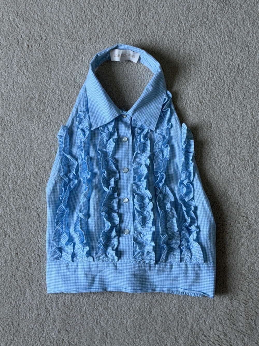 Love The Label Light Blue gingham Ruffle Halter Backless Top 39906 - Picture 2 of 16